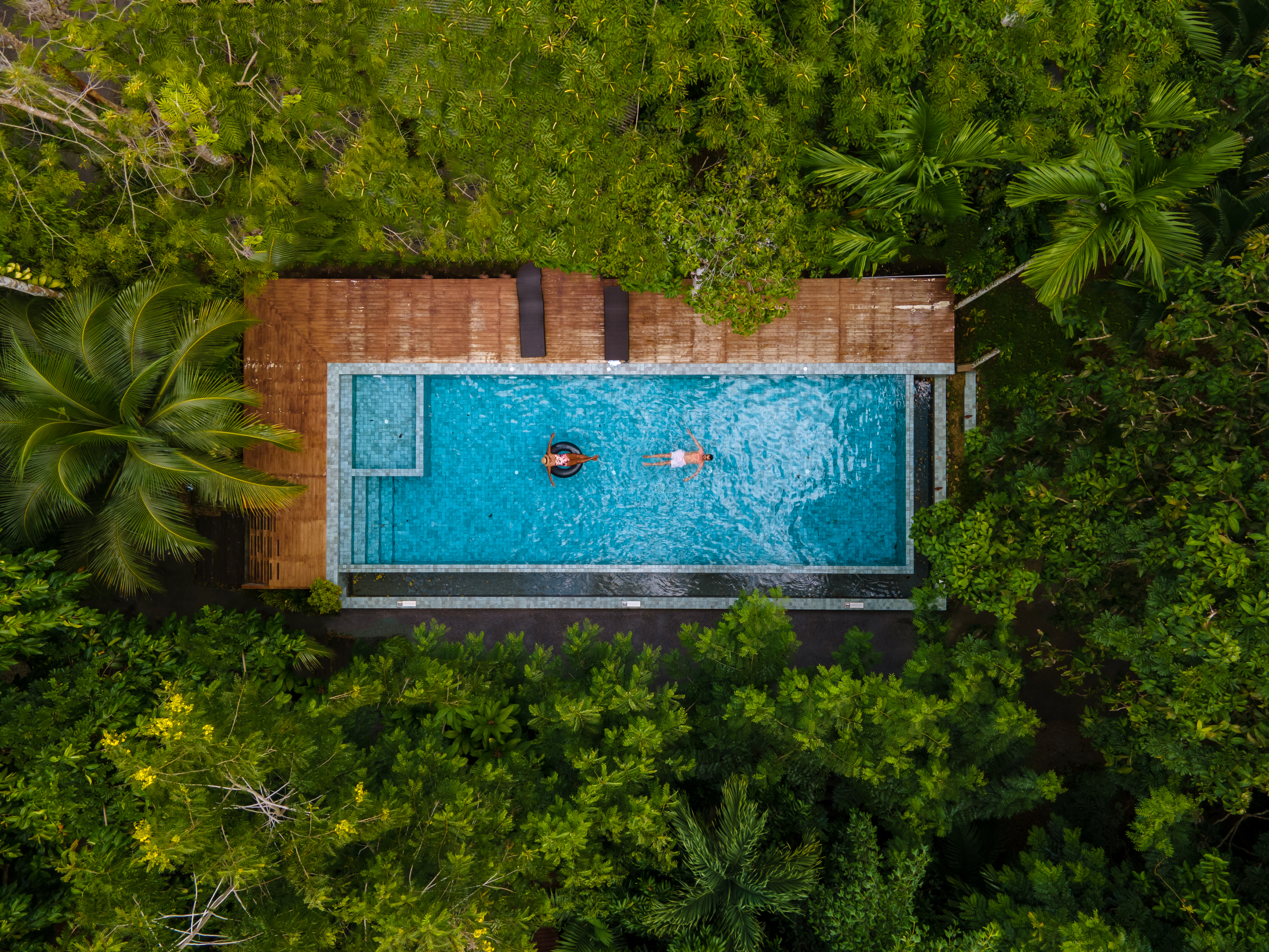 Aerial view of a forest resort pool surrounded by tropical greenery