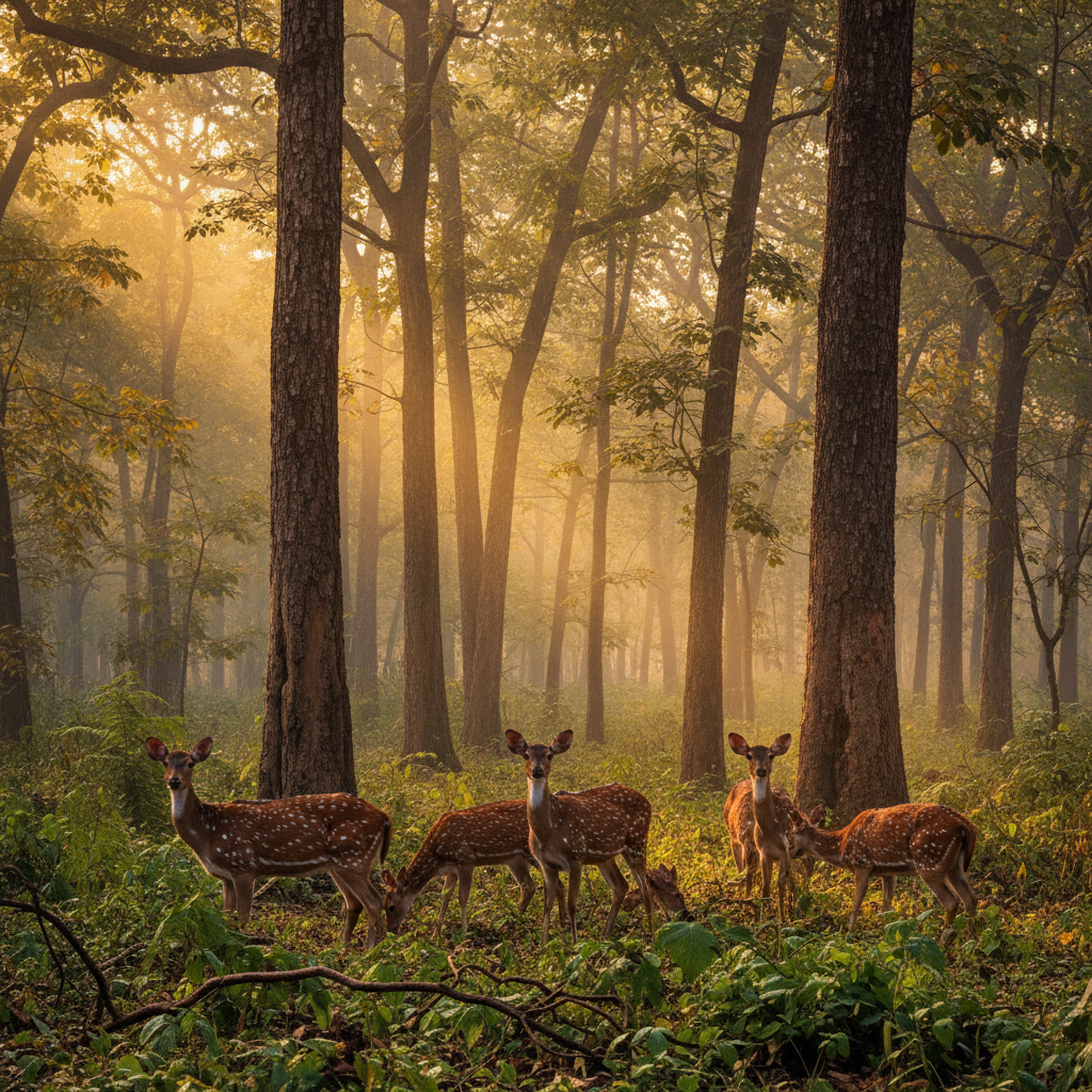 Dense Tadoba jungle with golden morning light through tall teak trees and spotted deer in foreground