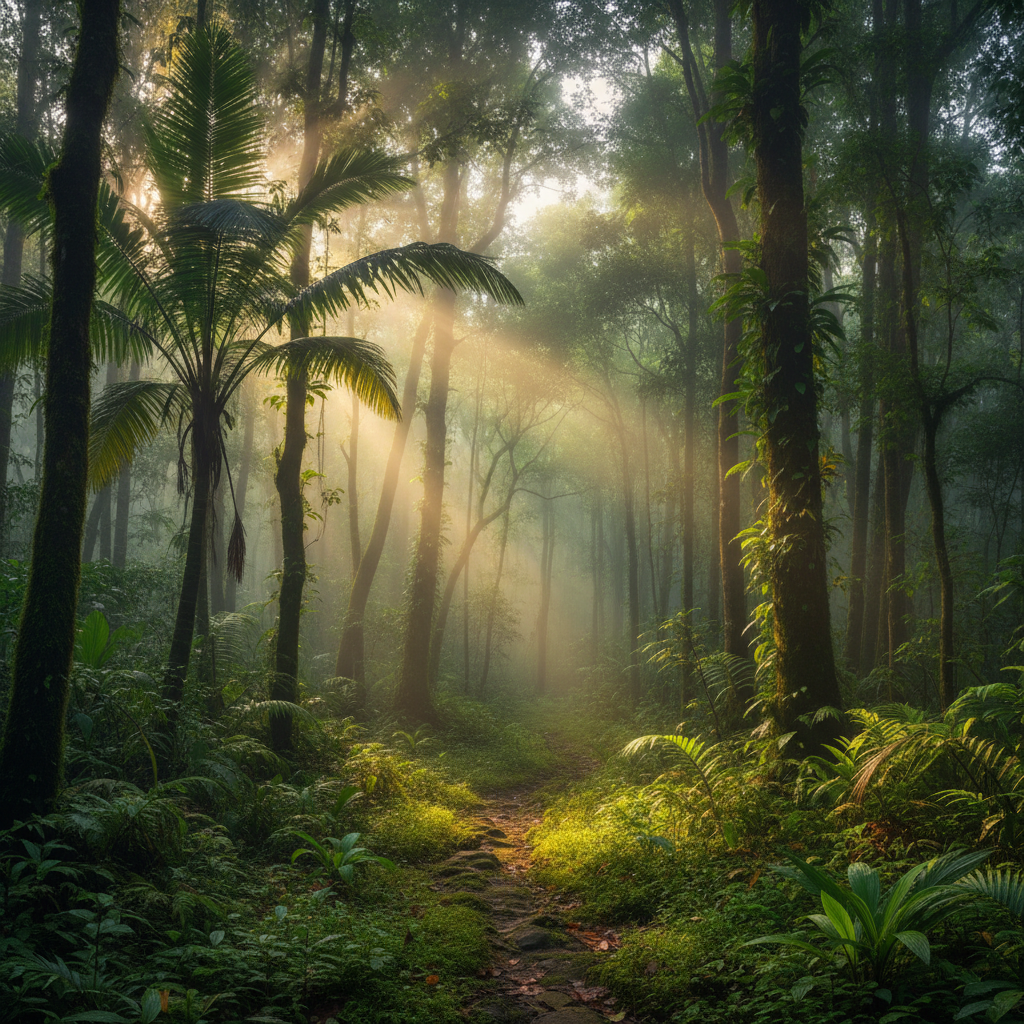 Pench forest landscape with bamboo groves and misty morning light over jungle canopy