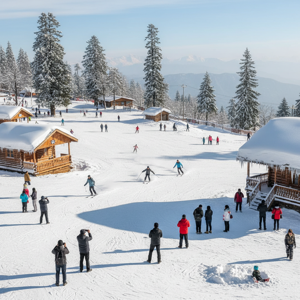 Kufri Shimla Himalayan landscape with snow-covered peaks, pine forests and apple orchards in winter