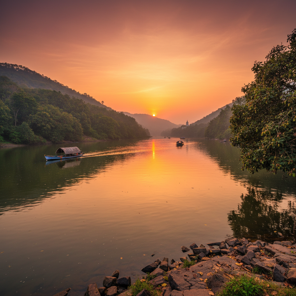 North Goa riverside with lush cashew plantations, calm Mandovi river and golden sunset sky
