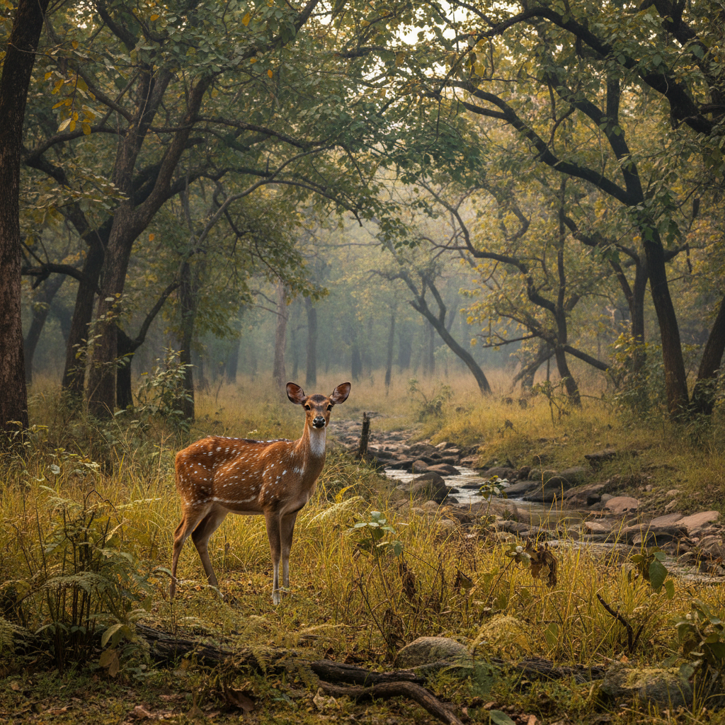 Wild Pench national park with open grassland, river, and dense deciduous forest in Madhya Pradesh