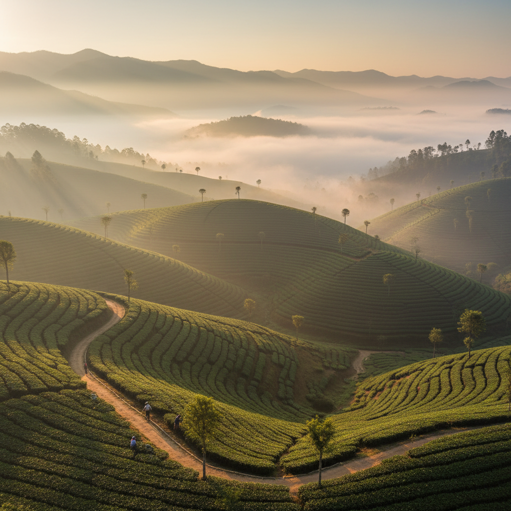 Lush green tea garden terraces