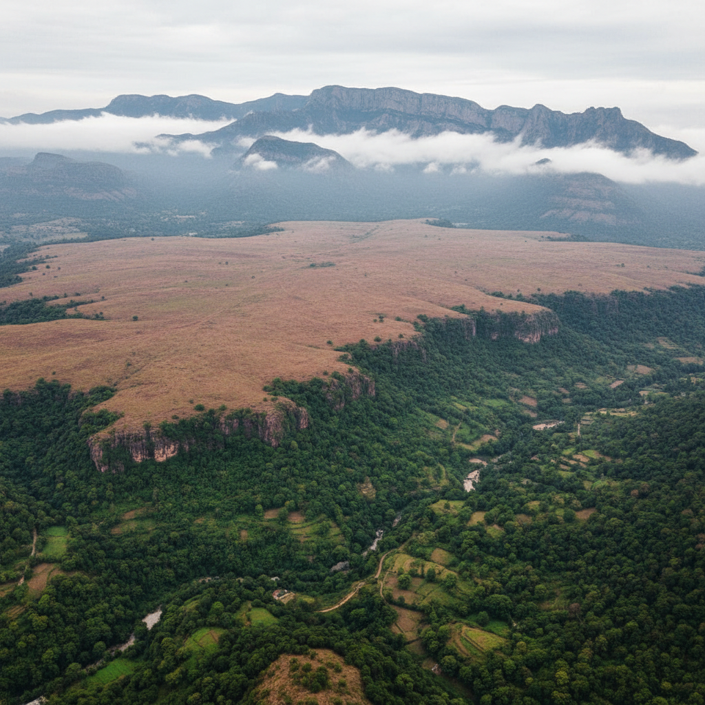 Panchgani table land plateau with vast green valley below and cloudy Sahyadri mountains in background